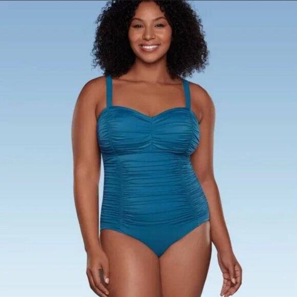 UPF 50 Sweetheart Neck Seamed One Piece Swimsuit - Aqua Green Dark Teal 6 - Picture 1 of 6
